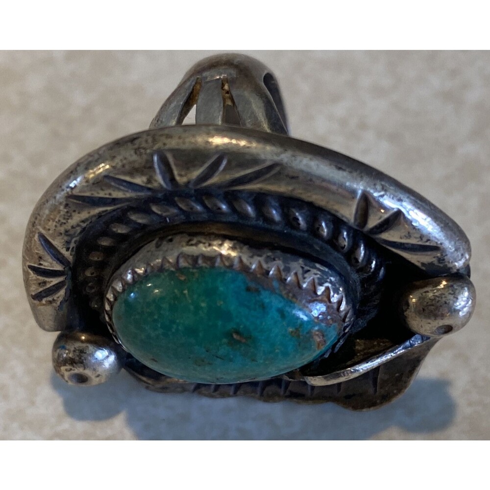 Vintage Navajo Signed Turquoise Sterling Silver Feather Ring Size 5.5 - Picture 6 of 12